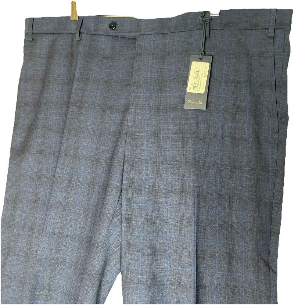 Zanella NWT Dress Pants Size 42 US Devon Navy Blue Plaid 100% Wool $350